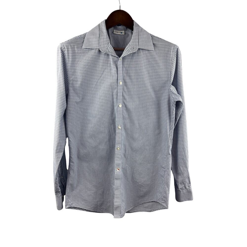 Men’s Calvin Klein Size 15 Blue, White, & Black Micro Plaid Button Up